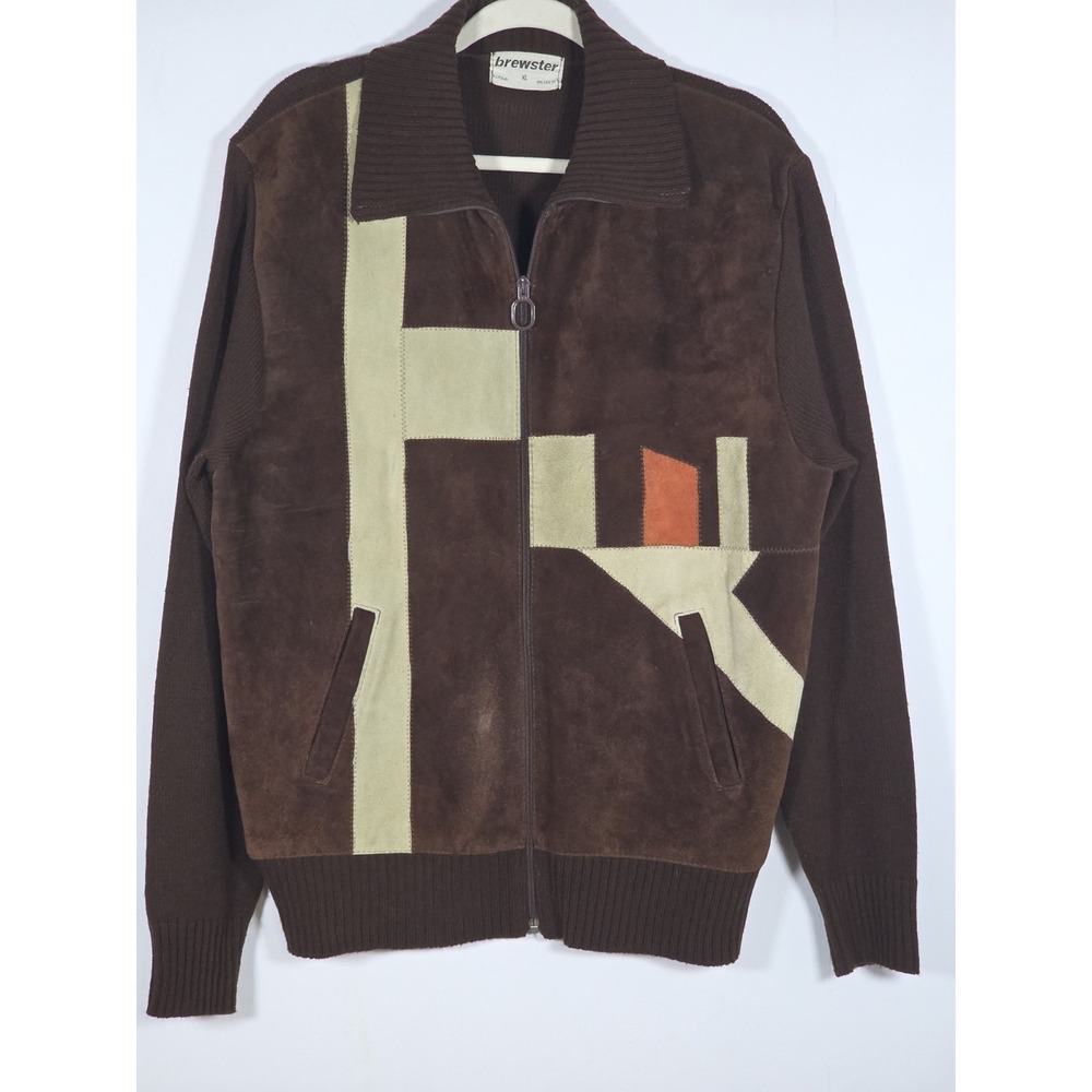 Brewster Mens XL Patchwork Suede Leather Jacket Brown Western Retro Bomber Coat